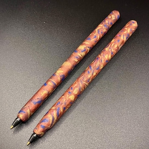 2 Refillable Pens Copper, Gold and Navy Patterend Polymer Clay handmade lightweight Writing Journaling
