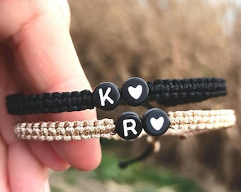 Personalized Couples Initial Bracelet Set: Adjustable Knotted Macrame