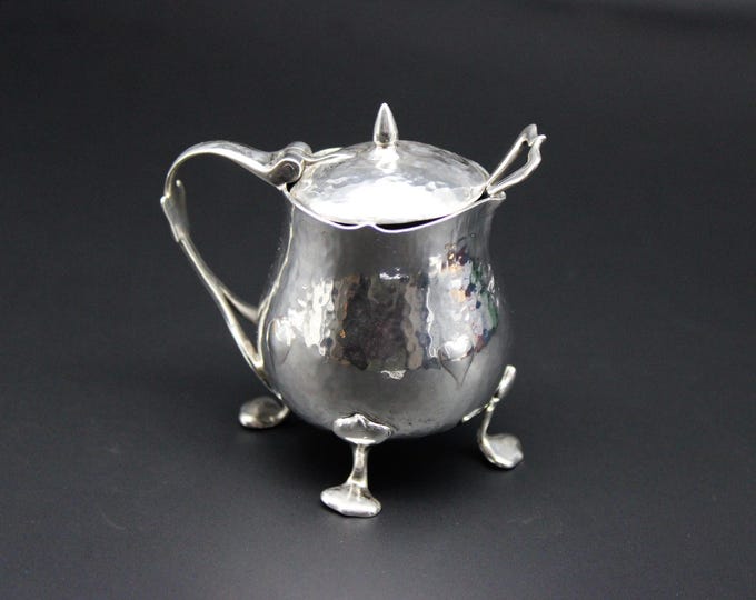 A Liberty & Co, Birmingham 1900 Art Nouveau, Planished Silver Mustard Pot and Spoon