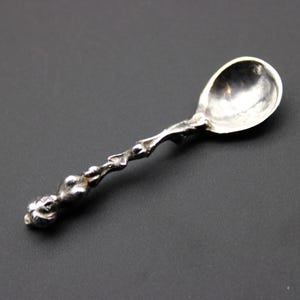 May include: A small, silver spoon with a detailed, organic handle. The spoon's bowl is round and polished, contrasting with the textured, sculptural handle. The spoon is set against a dark background.