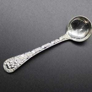 Puede incluir: Un cucharón plateado con un diseño floral ornamentado en el mango y el cuenco. El cucharón está hecho de un metal brillante y reflectante y se coloca sobre un fondo oscuro. El mango tiene un patrón detallado y texturizado.