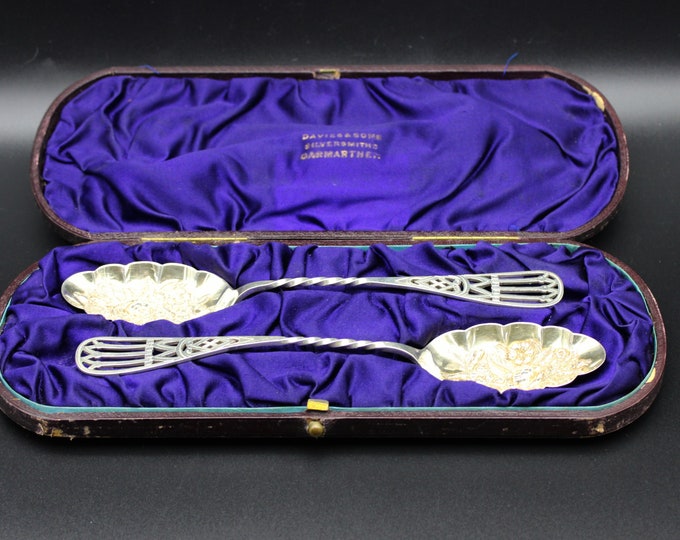 A Cased Pair of Levi & Salaman, Edward VII, Parcel Gilt Silver 'Berry' Serving Spoon