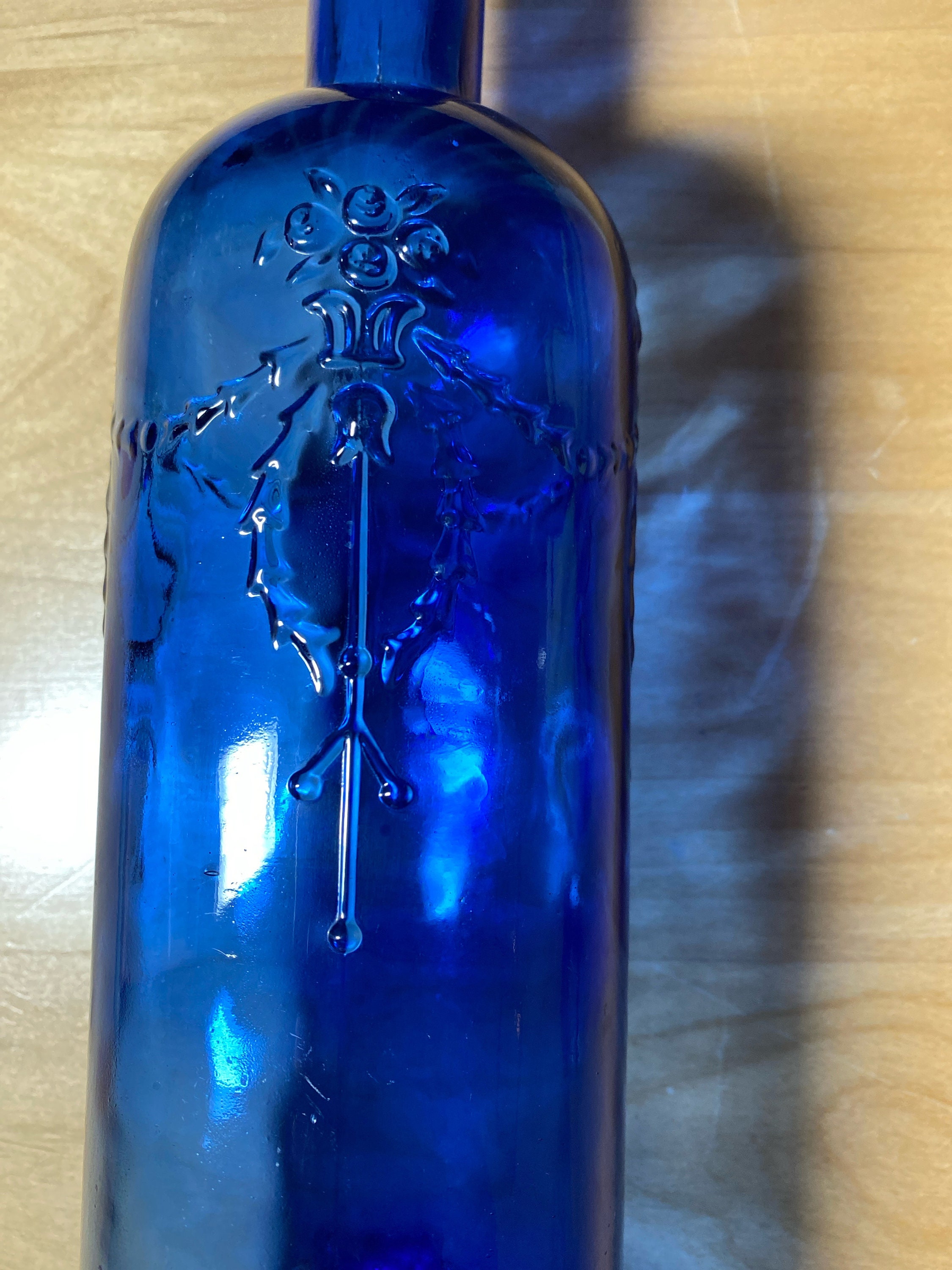 Vintage 1980's Cobalt Blue Glass Wine Bottle With Raised Design With