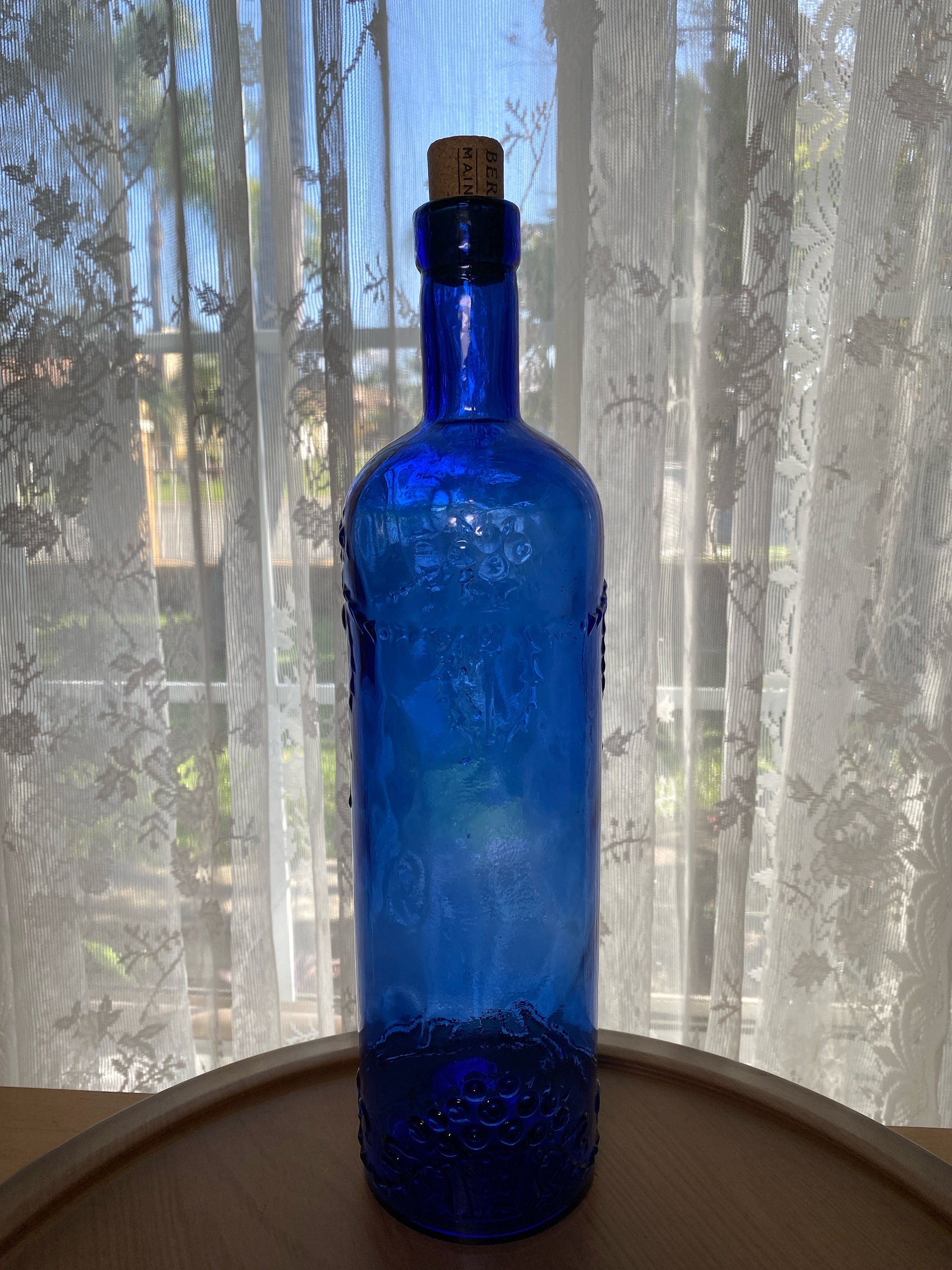 Vintage 1980's Cobalt Blue Glass Wine Bottle With Raised Design With