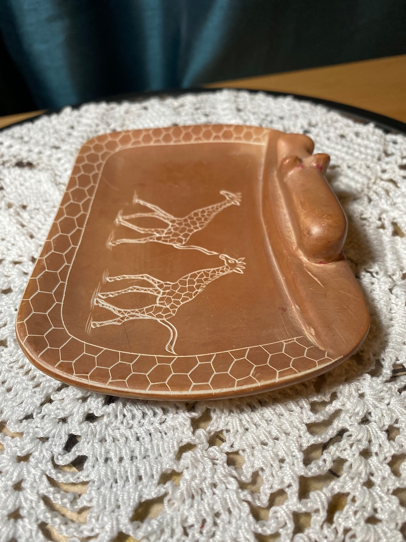 Vintage Kenyan Soapstone Tray With Hippo and Etched Giraffes Etsy