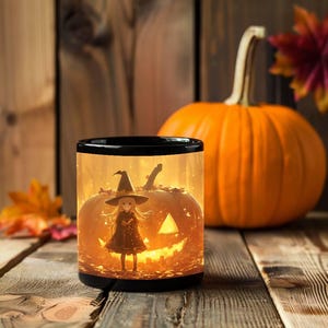 Mug with a little witch in front of a giant pumpkin, mug, drinking vessel, tea cup, coffee cup, gift, holiday, October