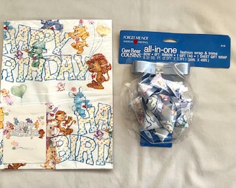 Vintage Care Bears Happy Birthday Wrapping Paper & Bow - New