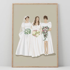 May include: Three women in white wedding dresses stand together. The woman in the middle is the bride, and she is holding a bouquet of white and pink flowers. The two women on either side of her are bridesmaids, and they are each holding bouquets of white flowers.