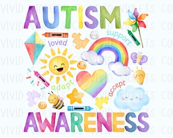 May include: Watercolor illustration of the word "AUTISM AWARENESS" in rainbow colors. The word is surrounded by various images including a rainbow, a sun, a heart, a cloud, a butterfly, a lightbulb, a kite, a bee, a star, and crayons. The words "loved", "adapt", "support", "accept" are also included in the image.