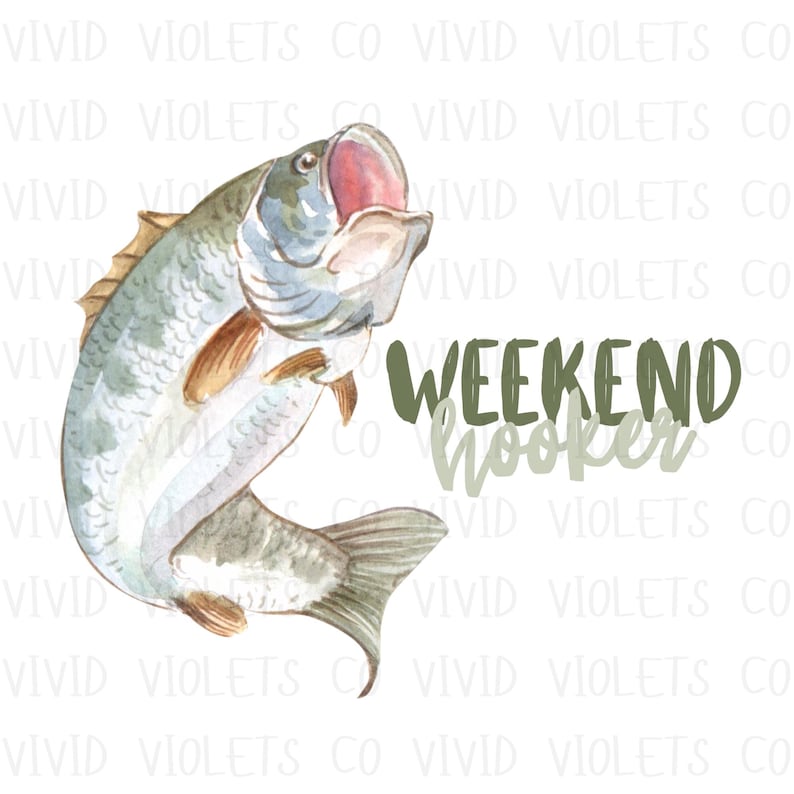 Op de afbeelding: Een aquarel-illustratie van een vis met zijn bek open, springend uit het water. De tekst "Weekend Hooker" is in groen onder de vis geschreven.