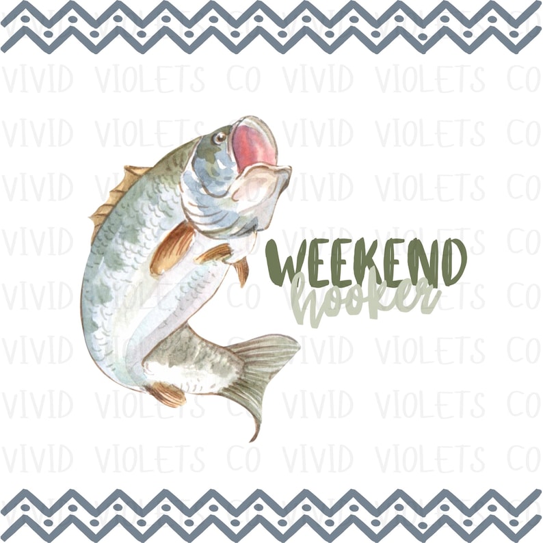 Op de afbeelding: Een aquarel-illustratie van een vis die uit het water springt met de tekst "Weekend Hooker" in groene en witte letters.