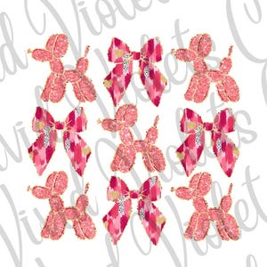 May include: Nine pink and gold glitter balloon dog and bow clip art images. The balloon dogs are in a standing position with their tails curled. The bows are tied with a knot in the center.
