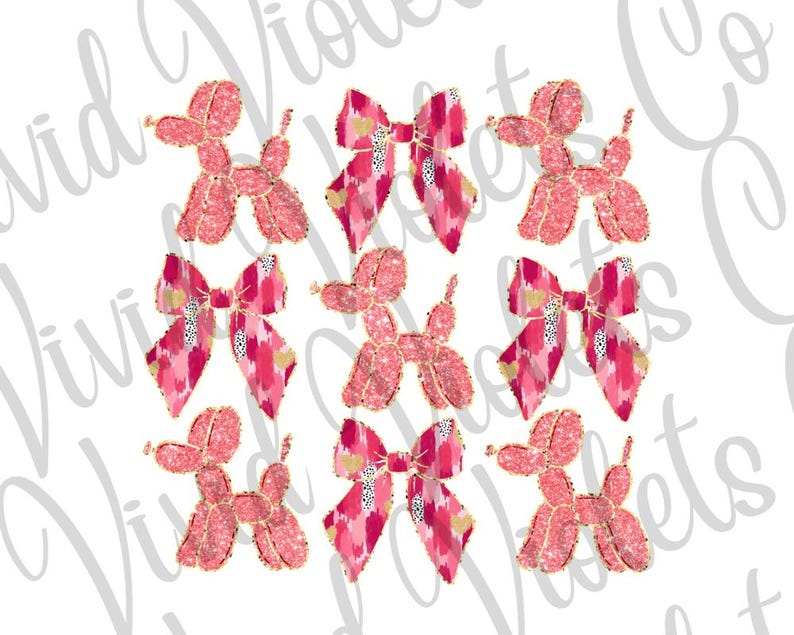May include: Nine pink and gold glitter balloon dog and bow clip art images. The balloon dogs are in a standing position with their tails curled. The bows are tied with a knot in the center.