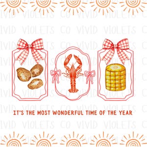 May include: It's the most wonderful time of the year! Three red and white gingham bow-topped frames with a red lobster, corn on the cob, and potatoes inside.