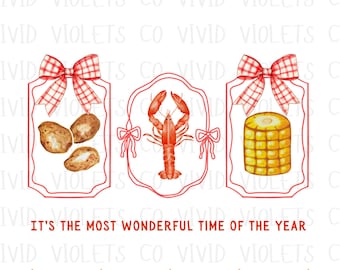 May include: It's the most wonderful time of the year! Three red and white gingham bow-topped frames with a red lobster, corn on the cob, and potatoes inside.