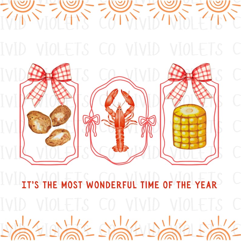 May include: It's the most wonderful time of the year! Three red and white gingham bow-topped frames with a red lobster, corn on the cob, and potatoes inside.