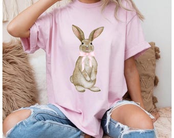 Cute Bunny With Bow PNG, Watercolor Easter PNG, Coquette Easter Bunny PNG, Coquette Bunny With Bow Png, Watercolor Easter Clip Art