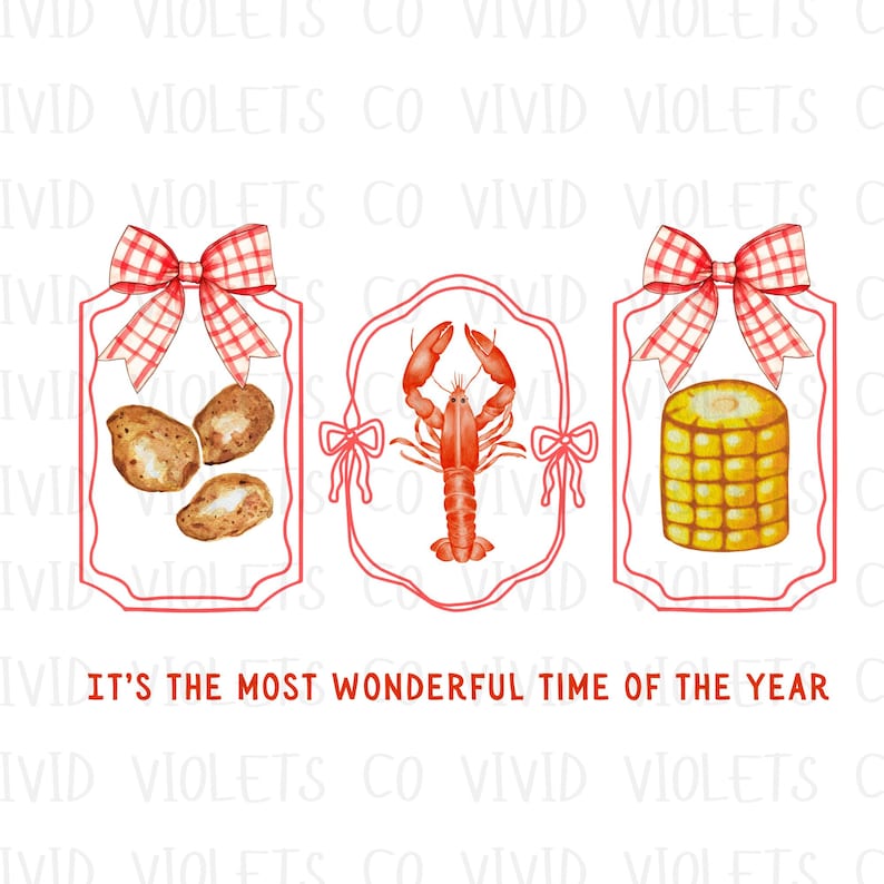 May include: Three red and white gingham bow-topped frames with a red outline. The frames contain illustrations of a lobster, corn on the cob, and three potatoes. The text "It's the most wonderful time of the year" is below the frames.