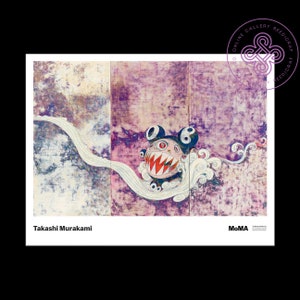 May include: A print of a Takashi Murakami artwork featuring a cartoonish creature with sharp teeth and a swirling design. The background has a textured, abstract appearance with purple and cream tones. The artist's name and the MoMA logo are visible.