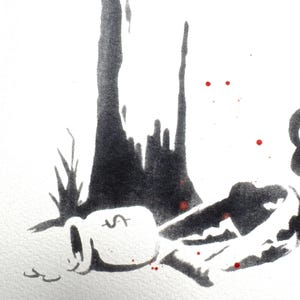May include: A black and white ink wash illustration featuring a tall tree trunk next to a small sack marked with a dollar sign. The artwork includes scattered red paint splatters across the white paper surface, creating a high-contrast visual.