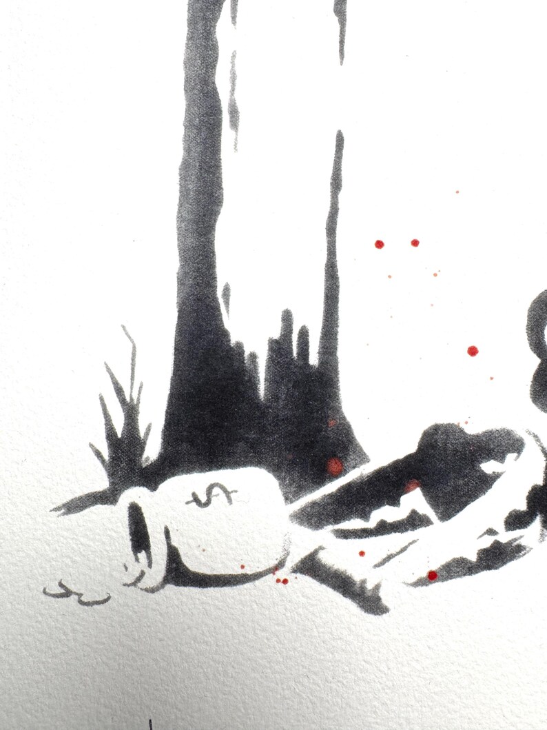 May include: A black and white ink wash illustration featuring a tall tree trunk next to a small sack marked with a dollar sign. The artwork includes scattered red paint splatters across the white paper surface, creating a high-contrast visual.