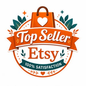 May include: A circular badge featuring an orange shopping bag with a white heart, the text Top Seller Etsy, and a dark teal banner with the text 100% SATISFACTION. The design includes dark teal leaves, orange stars, and small decorative dots.