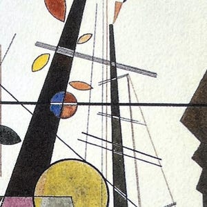 May include: Abstract art painting with geometric shapes in black, white, yellow, brown, red, and blue. The painting features a large yellow circle with a smaller gray circle inside, and two black lines that intersect in the center of the painting.