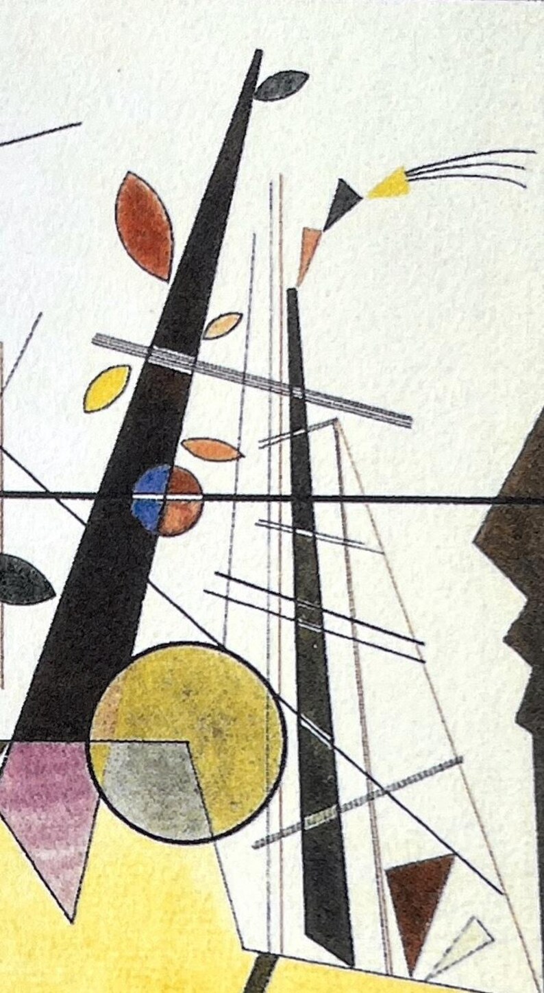 May include: Abstract art painting with geometric shapes in black, white, yellow, brown, red, and blue. The painting features a large yellow circle with a smaller gray circle inside, and two black lines that intersect in the center of the painting.