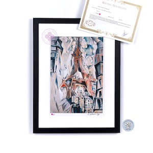 May include: A framed print of a cubist painting depicting the Eiffel Tower in Paris. The painting is done in shades of blue, grey, and red. The artist's signature is visible in the bottom right corner.