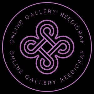 May include: A circular logo on a black background featuring a purple, stylized, four-lobed knot design in the center. The text 'ONLINE GALLERY REEDIGRAF' is written in a thin, white, sans-serif font, curving along the inner edge of the circle.