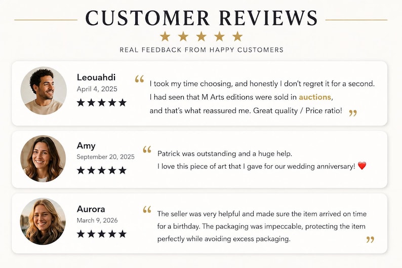May include: A customer review graphic featuring the title CUSTOMER REVIEWS and five gold stars. It displays three testimonials from Leouahdi, Amy, and Aurora, each with a circular profile photo, a five-star rating, and written feedback text.