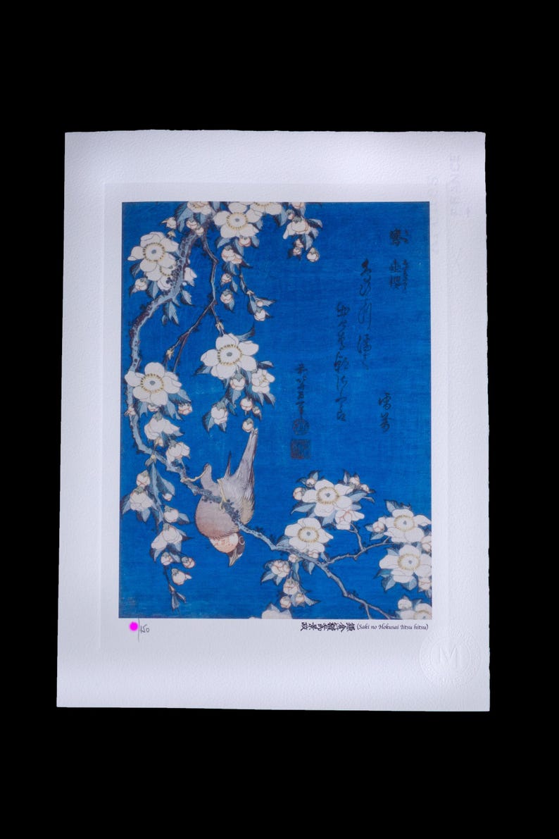May include: Japanese woodblock print featuring a bird perched on a flowering branch against a vibrant blue background. The artwork showcases white blossoms and detailed linework, typical of traditional Japanese art. The print is mounted on white paper.