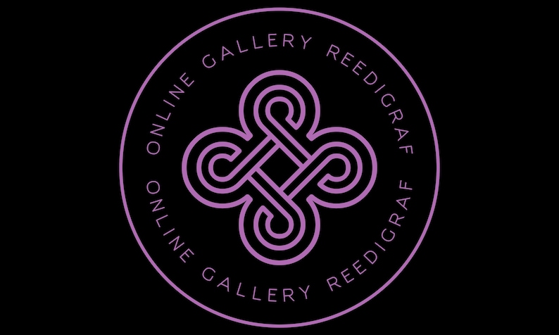May include: A circular logo on a black background featuring a purple, stylized, four-lobed knot design in the center. The text 'ONLINE GALLERY REEDIGRAF' is written in a thin, white, sans-serif font, curving along the inner edge of the circle.