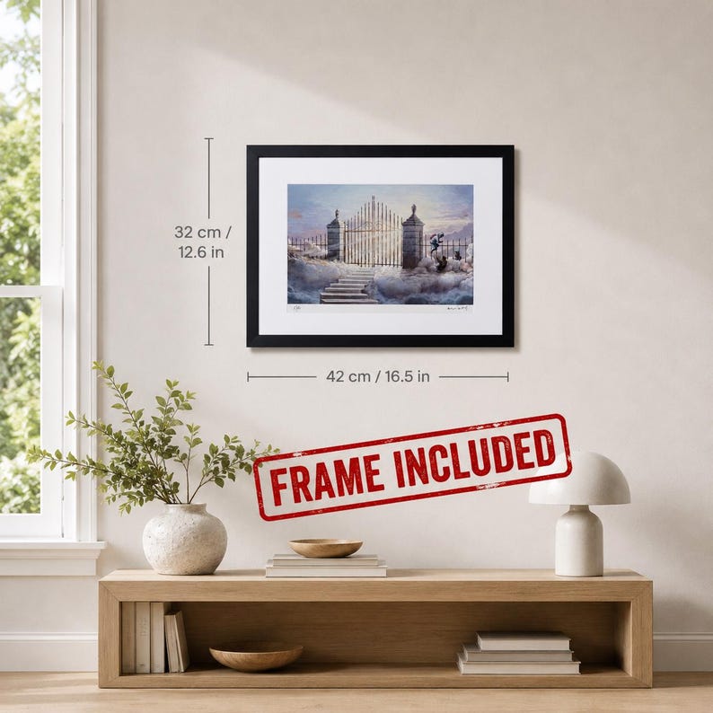 May include: A framed wall art print featuring a surreal illustration of a stone gate standing amidst clouds, with a staircase leading up to it. The black frame measures 16.5 inches in width and 12.6 inches in height. The artwork depicts a sky scene.