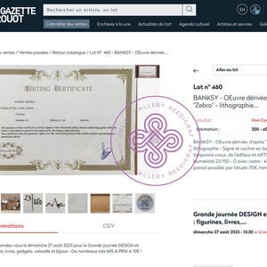 May include: An off-white editing certificate document with gold decorative borders, featuring the text Editing Certificate, Author: Banksy, Name of the work: Zebra, Number: 23, Edition: 1/150, and Size: A4, with a blue ink signature and a circular stamp.