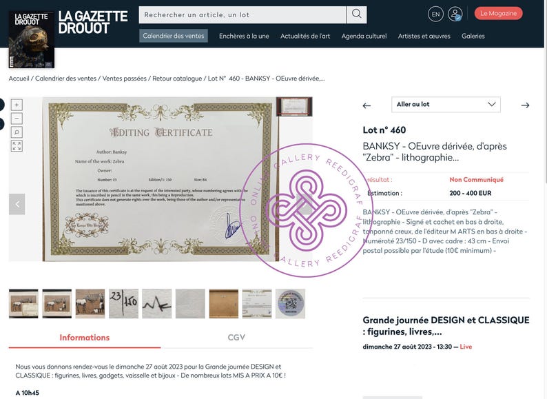 May include: An off-white editing certificate document with gold decorative borders, featuring the text Editing Certificate, Author: Banksy, Name of the work: Zebra, Number: 23, Edition: 1/150, and Size: A4, with a blue ink signature and a circular stamp.