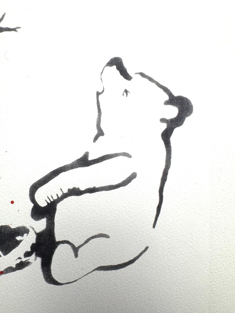 May include: A minimalist black ink line drawing of a bear sitting and looking upward. The bear is depicted with simple, fluid strokes on a white background, with a small red dot near the bottom left corner and a partial black shape above.
