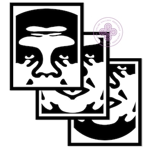 May include: Three black and white framed images of a stylized face with a furrowed brow and a large nose. The images are stacked on top of each other, with the top image slightly offset to the left.