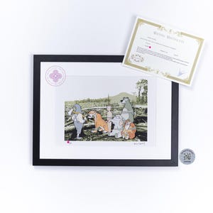 May include: A framed art print featuring a cartoon illustration of a group of animals and a human figure in a forest setting. The print includes a circular logo, a signature, and a separate white document titled Editing Certificate.