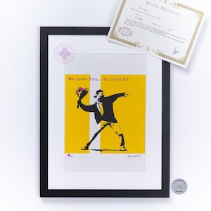 BANKSY flower thrower Banksy love is in the air Serigraphie Banksy FRAMED We love you so love us CERTIFICAT Original M Arts Edition wall art