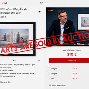 May include: A framed art print titled Boys climbing Heaven's gate by Banksy, featuring a black frame and white matting. The artwork depicts a large gate set against a cloudy sky with figures climbing it. The print measures 38 by 28.5 cm.