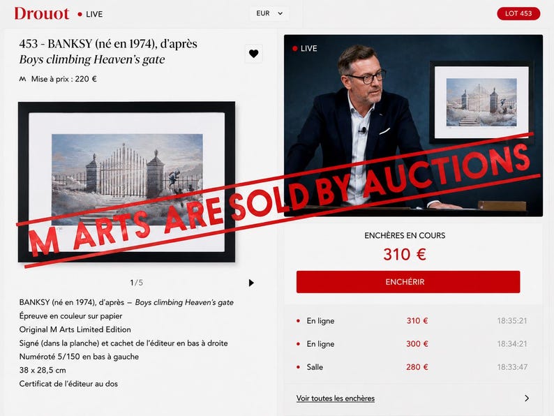 May include: A framed art print titled Boys climbing Heaven's gate by Banksy, featuring a black frame and white matting. The artwork depicts a large gate set against a cloudy sky with figures climbing it. The print measures 38 by 28.5 cm.