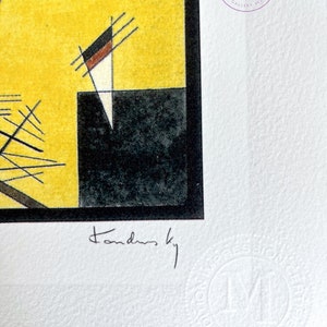 May include: A black and white abstract art print with geometric shapes and lines. The print is signed "Kandinsky" in the bottom left corner and has a stamp in the bottom right corner.