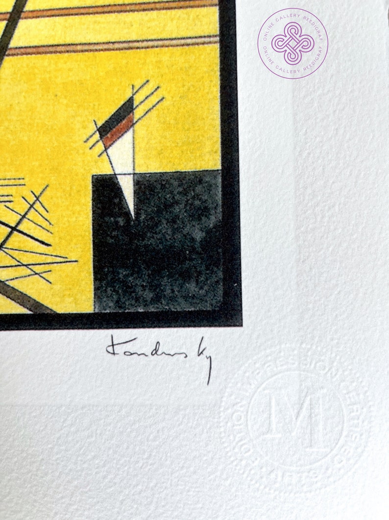 May include: A black and white abstract art print with geometric shapes and lines. The print is signed "Kandinsky" in the bottom left corner and has a stamp in the bottom right corner.