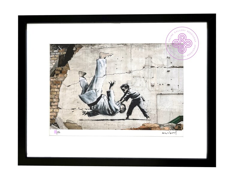 A mural depicting a child pulling another person off the ground in an urban setting