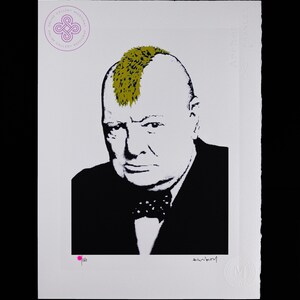 May include: A screen print on white paper featuring a black and white portrait of Winston Churchill with a gold mohawk hairstyle. The artwork includes a purple circular logo in the top left, a pink dot with the number 1/150, and a signature at the bottom.
