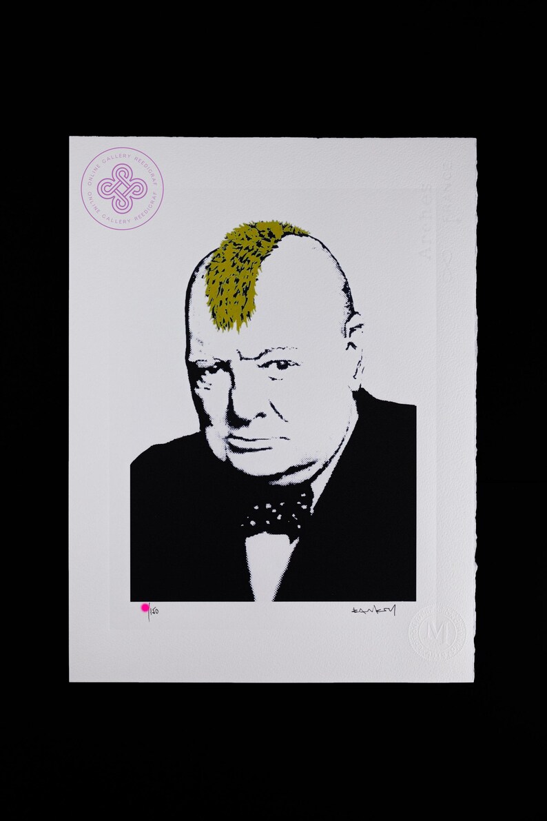 May include: A screen print on white paper featuring a black and white portrait of Winston Churchill with a gold mohawk hairstyle. The artwork includes a purple circular logo in the top left, a pink dot with the number 1/150, and a signature at the bottom.