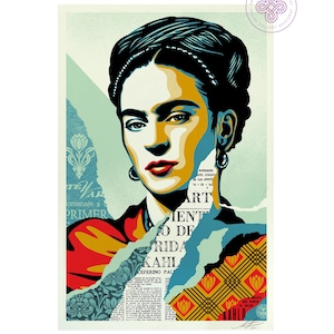 May include: A colorful, stylized portrait of Frida Kahlo with a torn newspaper background. The text on the newspaper reads "Homenaje a Primer" and "Movimiento de Frida Kahlo".