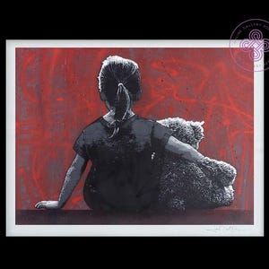 May include: A black and white illustration of a young person sitting with a teddy bear in front of a red background. The person is wearing a black shirt and has their back to the viewer. The teddy bear is sitting next to the person and has a black and white fur.