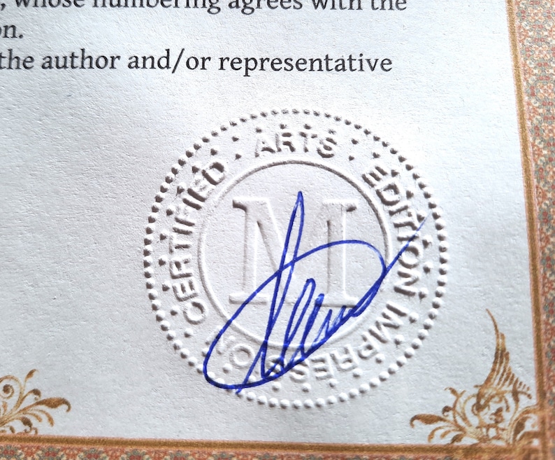 May include: A white, round, embossed seal with the text "CERTIFIED ARTS EDITION" and the letter "M" in the center. The seal has a blue signature inside.